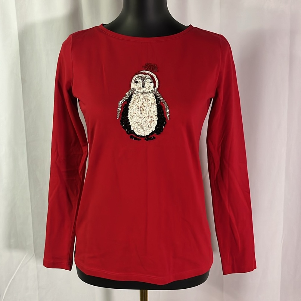 Talbots Red Beaded Sequin Penguin Long Sleeve Crew Neck Shirt